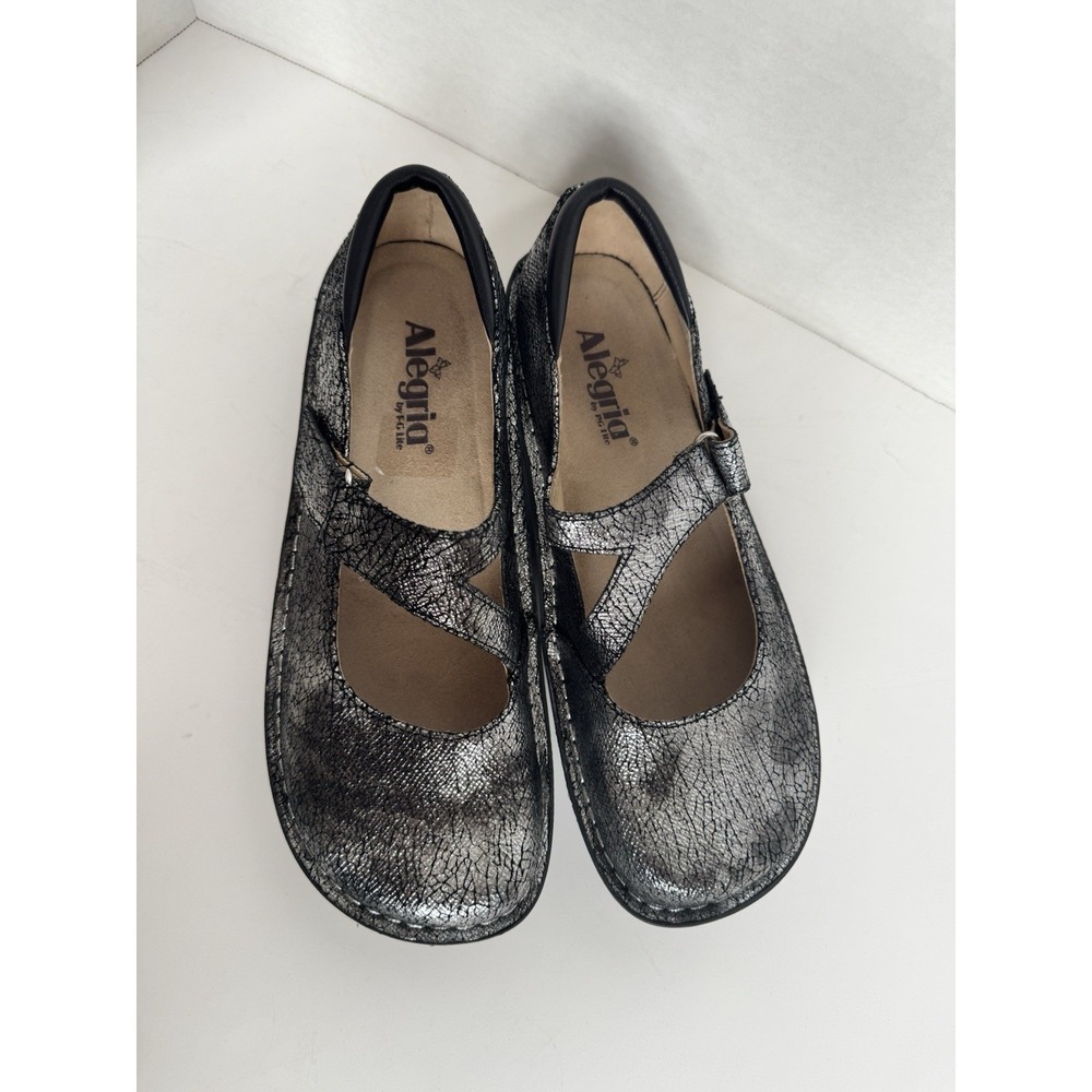 Alegria Mary Jane Shoes Black Silver Metallic Leather Onyx Crackle Women 39 - Picture 3 of 8